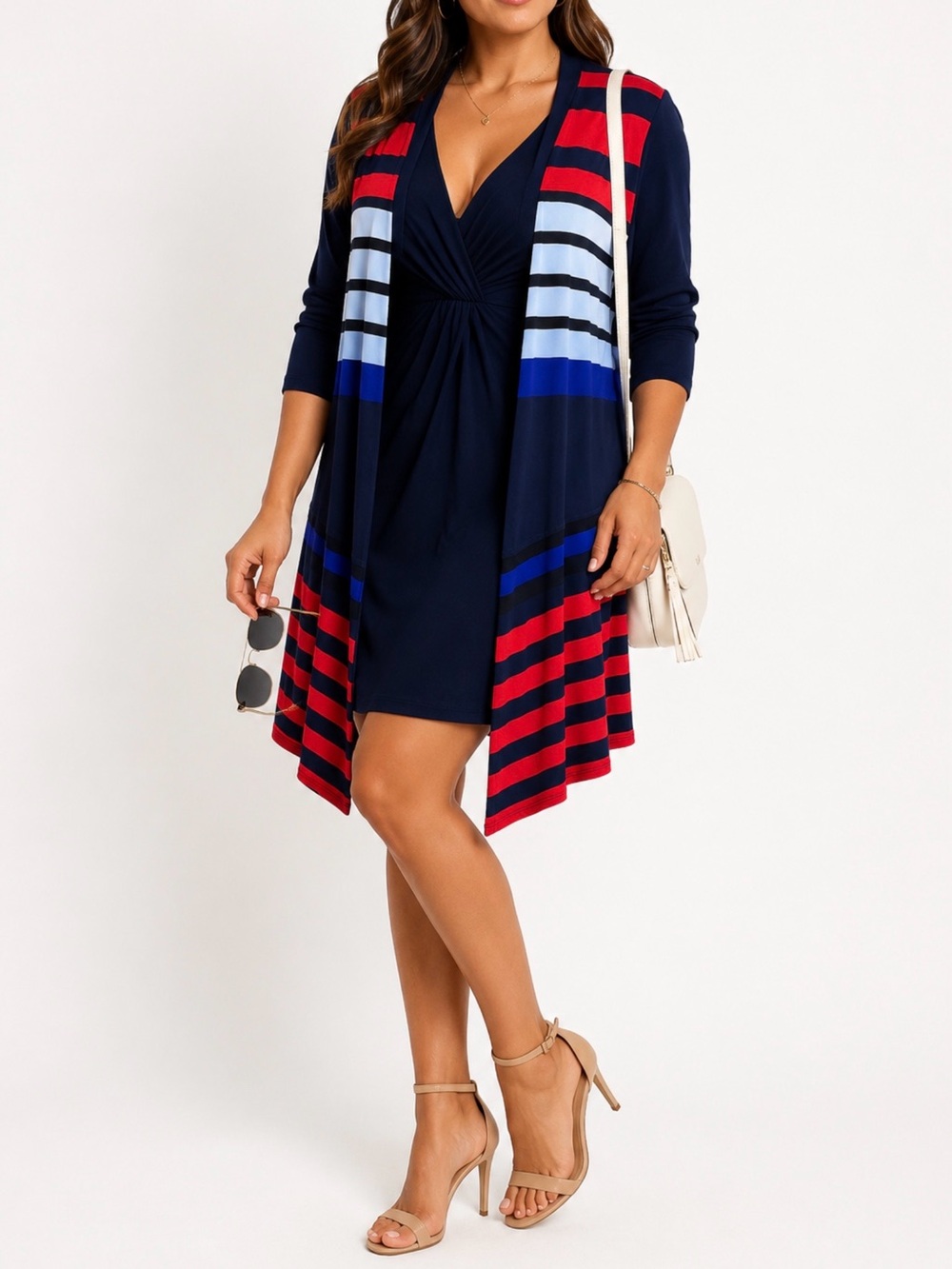 Frank Lyman Striped Waterfall Open Front Cardigan Navy Red Size 8